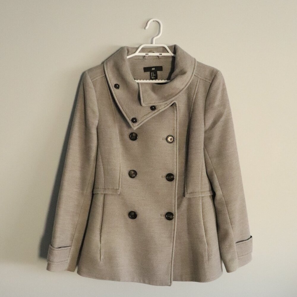 H&M Women's Grey‎ Sz 10 Double-Breasted Lined Collared Long Sleeve Pocket Coat